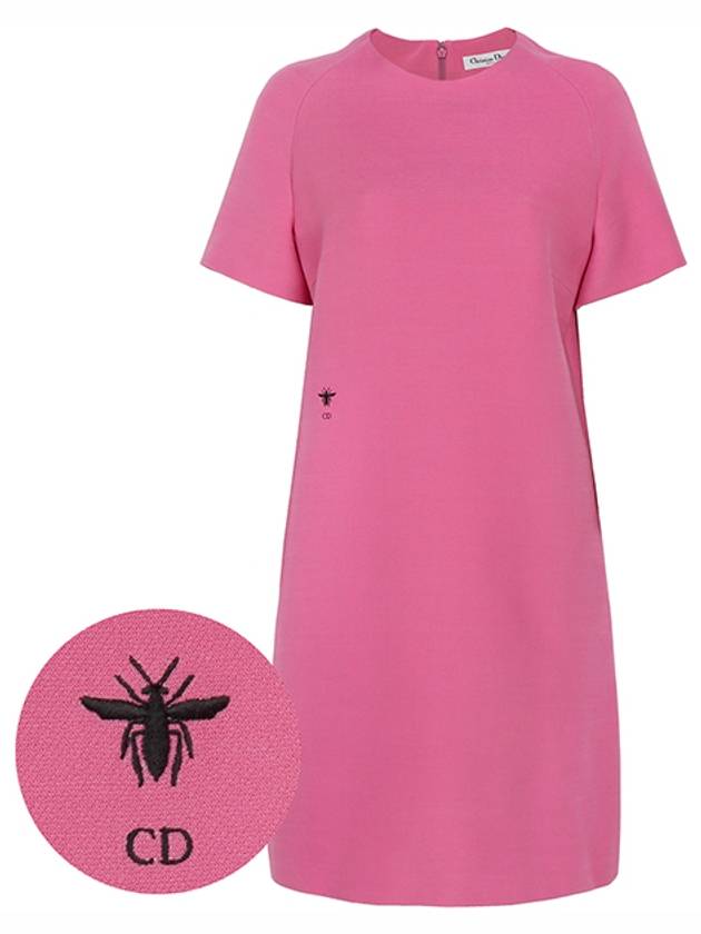 Women's Wool Silk Short Sleeve Short Dress Pink - DIOR - BALAAN 1