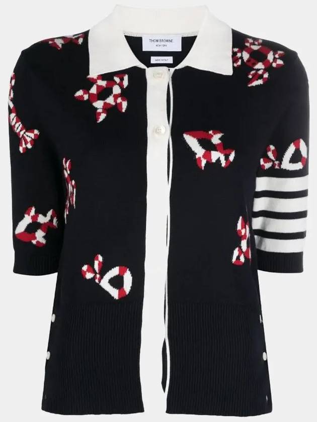 4 Bar Intarsia Knit Polo Cardigan Navy - THOM BROWNE - BALAAN 2