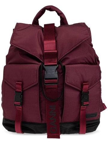 Ganni Backpack With Logo, Women's, Burgundy - GANNI - BALAAN 1