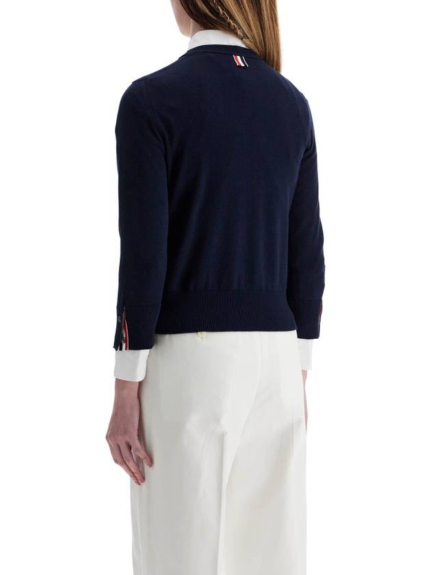 navy blue cotton sweatshirt with 4 stripes crew neck - THOM BROWNE - BALAAN 3