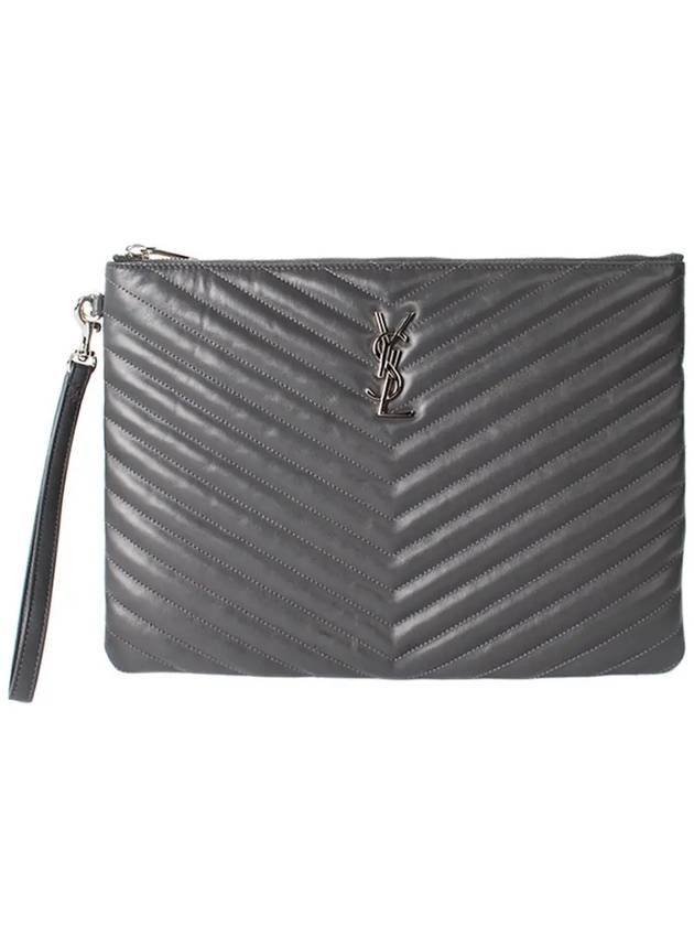 Monogram Cassandre Matelasse Silver Leather Clutch Bag Grey - SAINT LAURENT - BALAAN 3