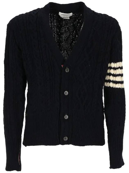 Aran Cable Diagonal Cardigan Navy - THOM BROWNE - BALAAN 1