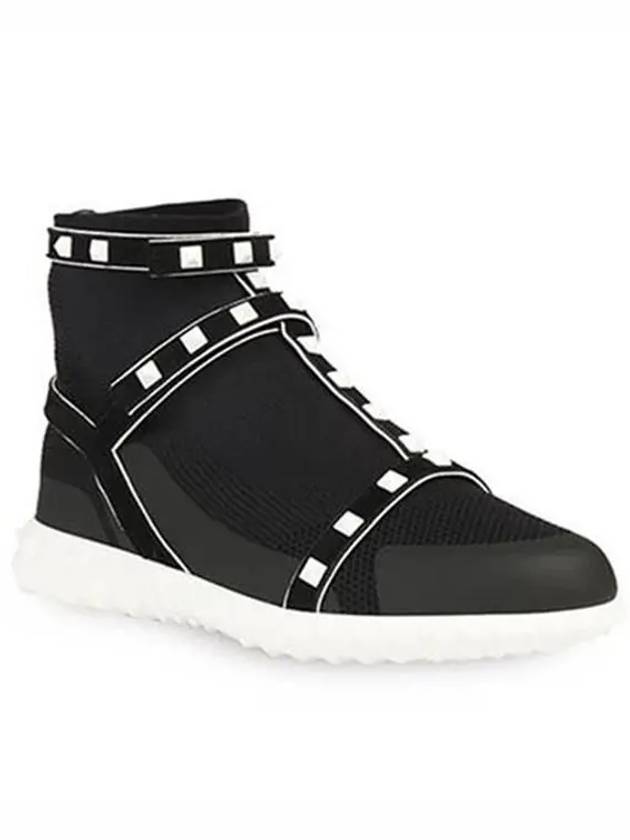 Suede Leather Strap Rockstud Knit High-Top Sneakers Black - VALENTINO - BALAAN 4