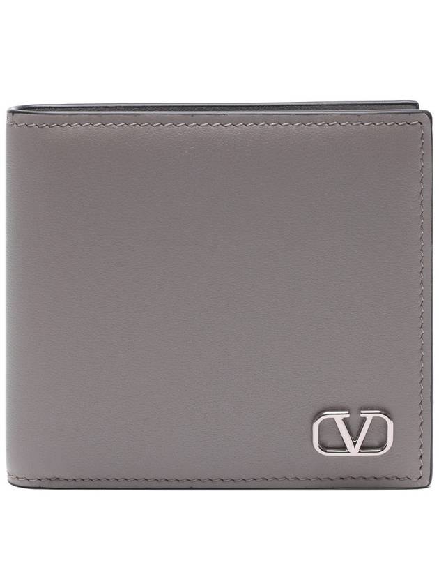 Men's V Logo Calf Leather Half Wallet Grey - VALENTINO - BALAAN 2