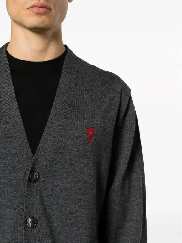 Red Heart Logo Merino Wool Cardigan Heather Grey - AMI - BALAAN 5