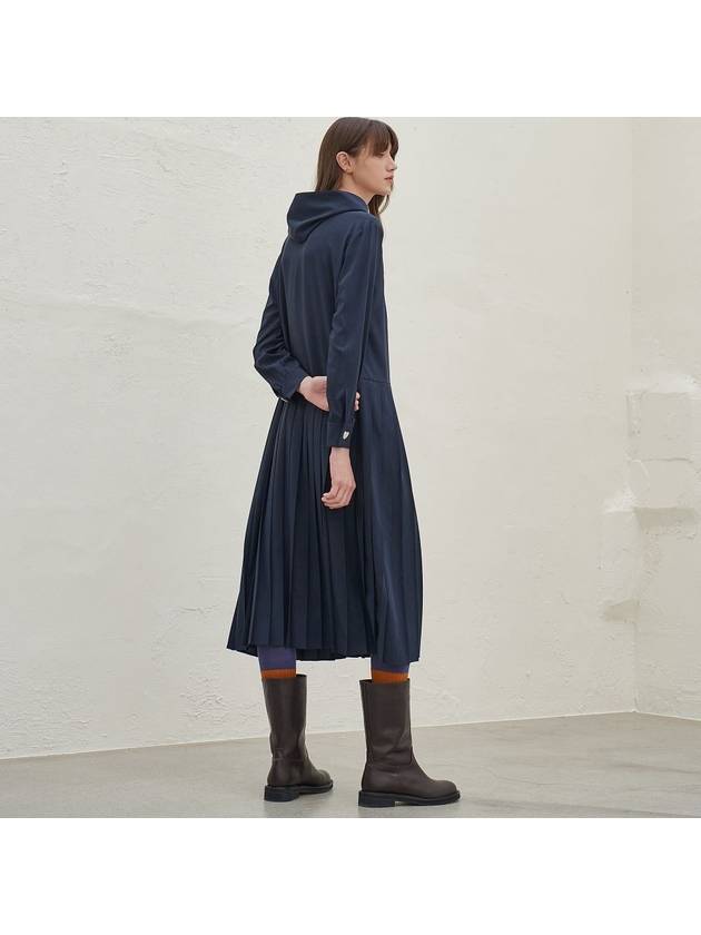 Women's Hooded Pleated Long Dress Navy - MITTE - BALAAN 4