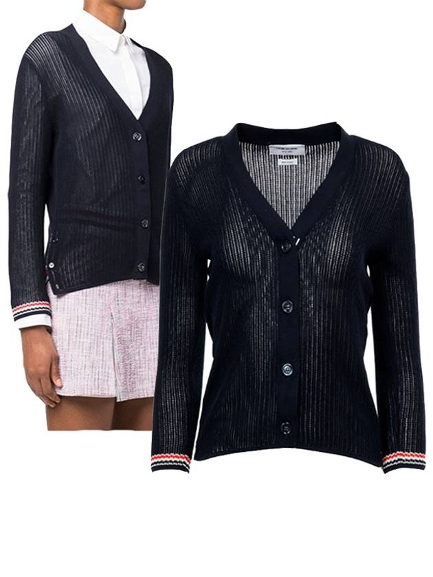 Thom Browne Pointelle RWB Striped Cardigan Navy - THOM BROWNE - BALAAN 2