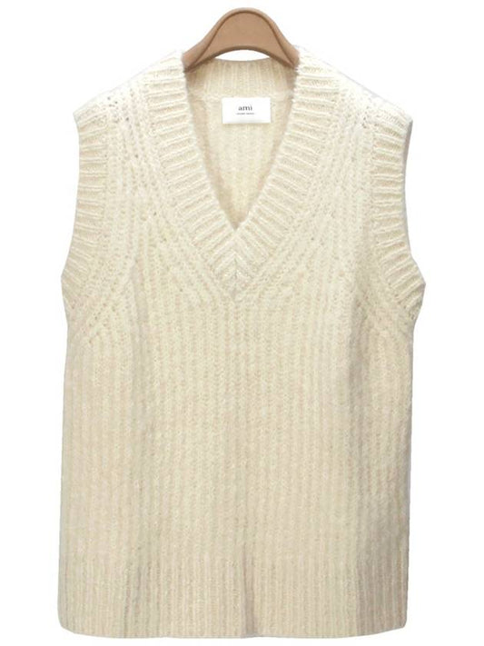 V-Neck Ribbed Knit Vest Beige - AMI - BALAAN 2