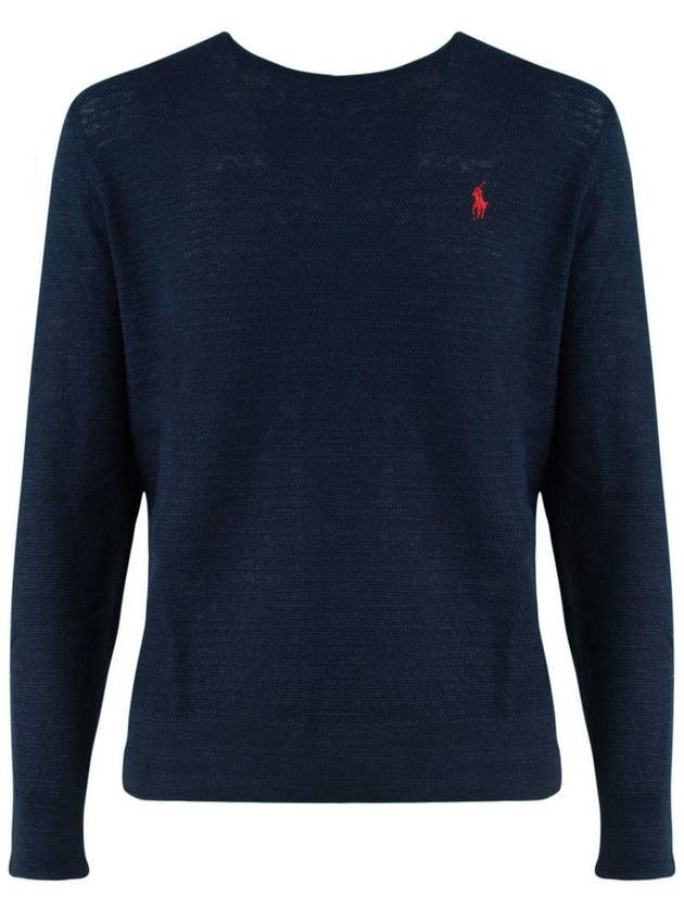 Ralph Lauren Navy Blue Cotton-Linen Blend Crew Neck Sweater - RALPH LAUREN - BALAAN 1