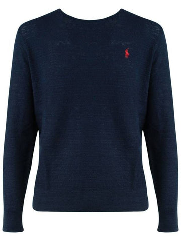 Ralph Lauren Navy Blue Cotton-Linen Blend Crew Neck Sweater - RALPH LAUREN - BALAAN 1