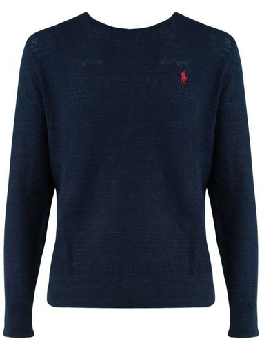 Ralph Lauren Navy Blue Cotton-Linen Blend Crew Neck Sweater - RALPH LAUREN - BALAAN 1