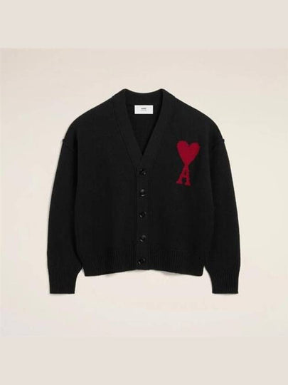 Heart Logo V Neck Wool Cardigan Black - AMI - BALAAN 2