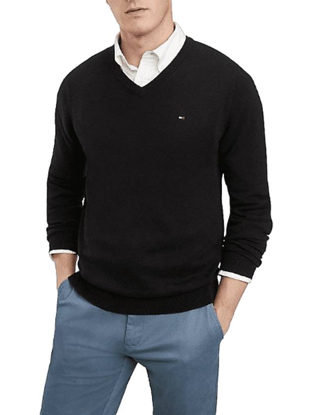 V-Neck Embroidered Knit Top Black - TOMMY HILFIGER - BALAAN 1