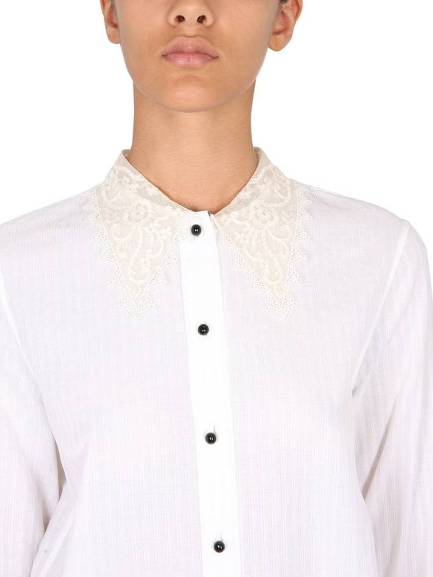 Women's Lace Trimmed Long Sleeve Shirt White - SAINT LAURENT - BALAAN 5