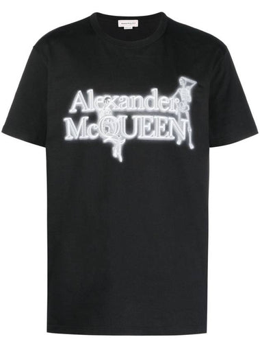 Skull Print Round Neck Cotton Short Sleeve T-Shirt Neon Black - ALEXANDER MCQUEEN - BALAAN 1