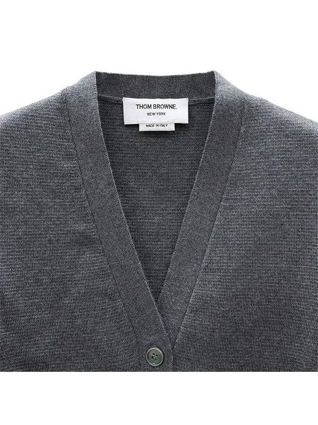 Milano Stitch 4 Bar Classic V Neck Fine Merino Wool Cardigan Medium Grey - THOM BROWNE - BALAAN 3