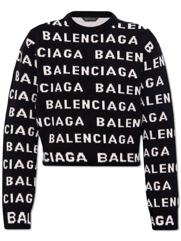 Intarsia All-Over Logo Crew Neck Knit Top Black - BALENCIAGA - BALAAN 2