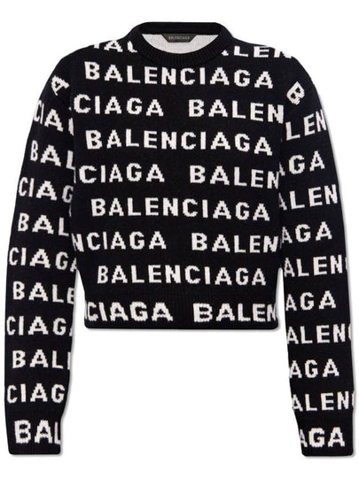 Intarsia All-Over Logo Crew Neck Knit Top Black - BALENCIAGA - BALAAN 2