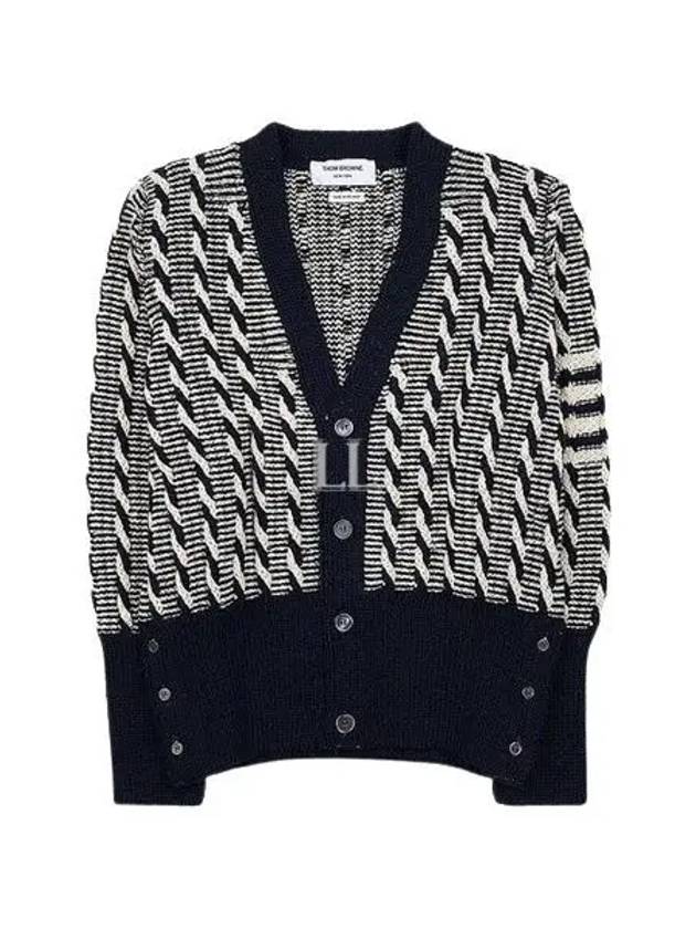 4-bar V-neck Twist Cable Knit Cardigan Navy - THOM BROWNE - BALAAN 2