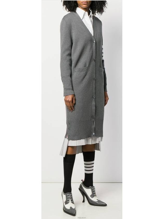 Cotton Crepe Milano Stitch 4-Bar Long V-Neck Cardigan Medium Grey - THOM BROWNE - BALAAN 3