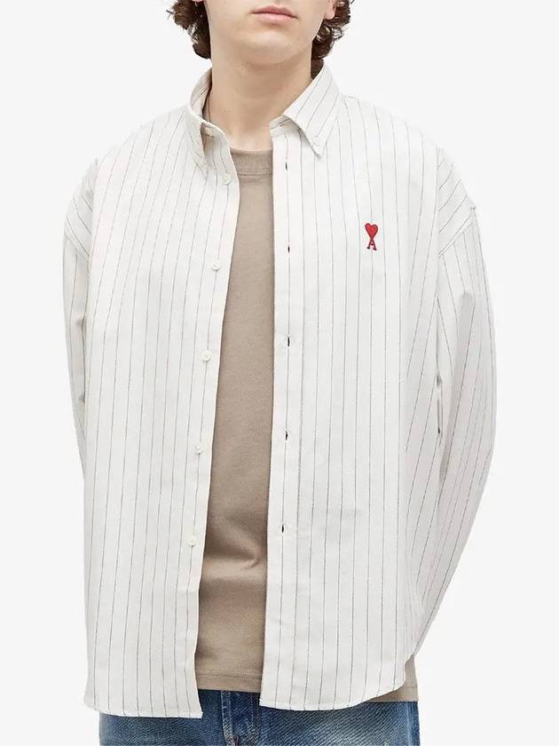 Small Heart Logo Stripe Boxy Fit Long Sleeve Shirt Chalk - AMI - BALAAN 3