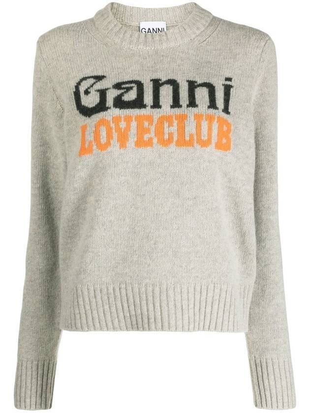 Logo Intarsia Crew Neck Knit Top Grey - GANNI - BALAAN 1