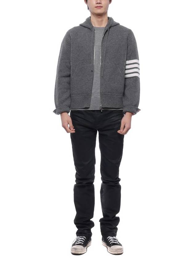 Men's Intarsia 4 Bar Merino Jersey Hooded Zip Up Medium Grey - THOM BROWNE - BALAAN 4