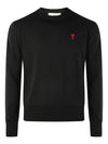 Heart Embroidered Logo Crew Neck Knit Top Black - AMI - BALAAN 2