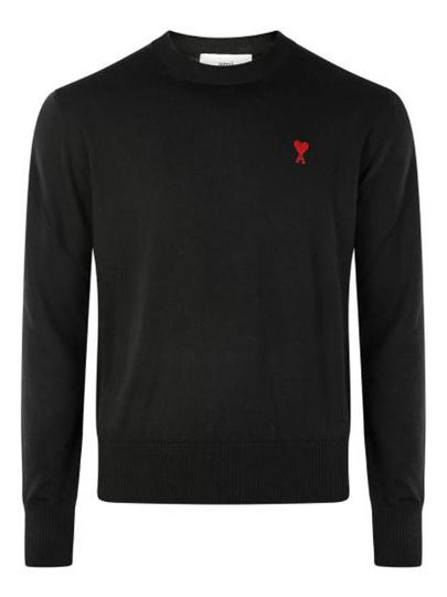 Heart Embroidered Logo Crew Neck Knit Top Black - AMI - BALAAN 2