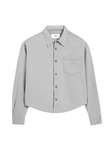 Embossed Logo Javell Washed Boxy Fit Denim Long Sleeve Shirt Grey - AMI - BALAAN 1