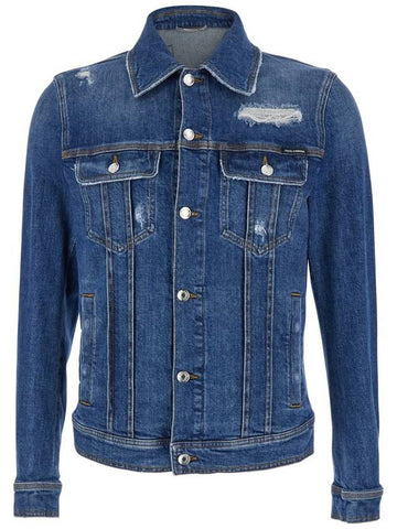 Blue Jacket With Classic Collar And Rips In Denim Stretch Man - DOLCE&GABBANA - BALAAN 1