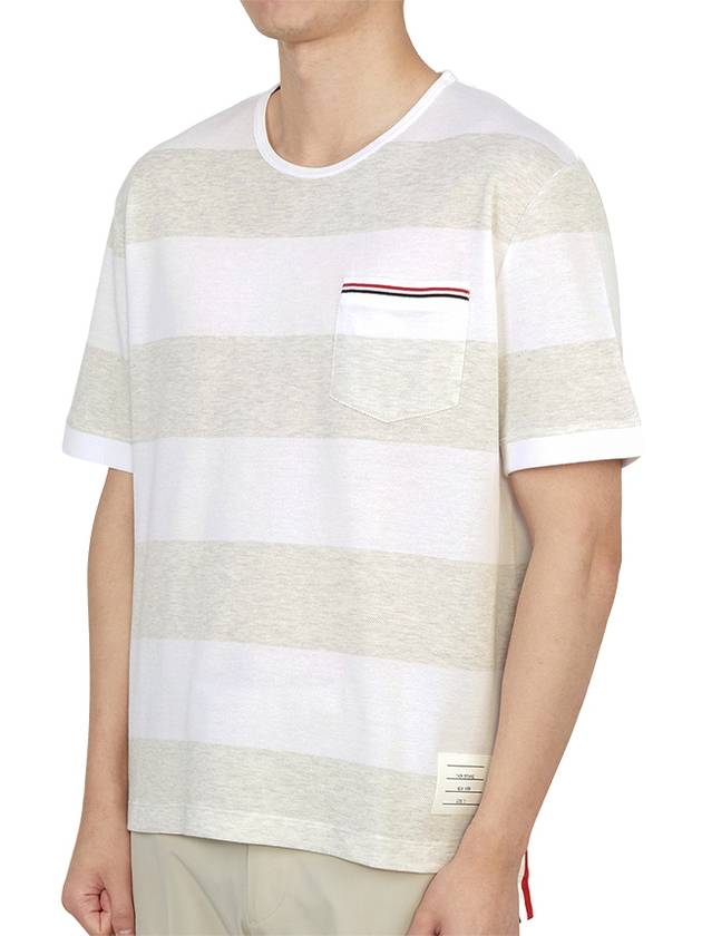 Men's Rugby Striped Pick Pocket Short Sleeve T-Shirt Pale Grey White - THOM BROWNE - BALAAN 3