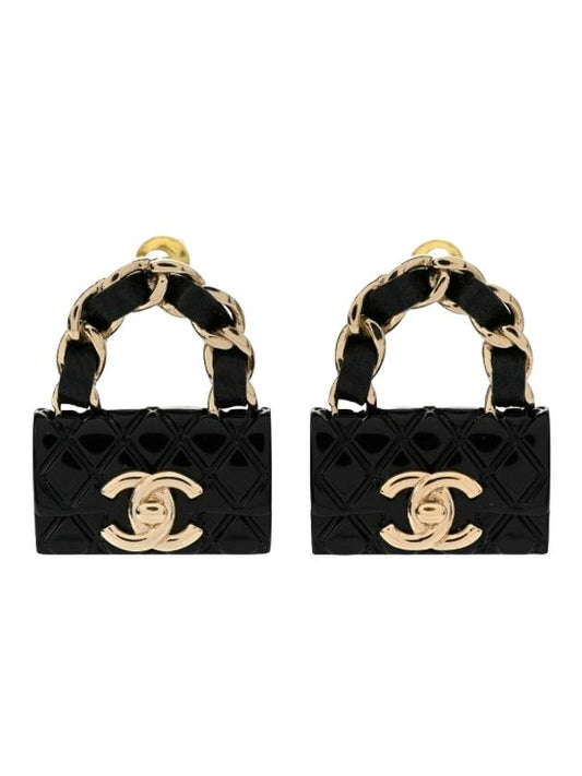 Metal Resin Quilted Turnlock Chain Bag Earrings Gold Black - CHANEL - BALAAN 1