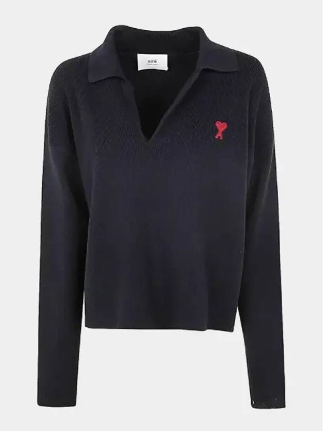 Small Heart Long Sleeve Polo Shirt Black - AMI - BALAAN 3