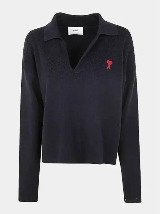 Small Heart Long Sleeve Polo Shirt Black - AMI - BALAAN 2