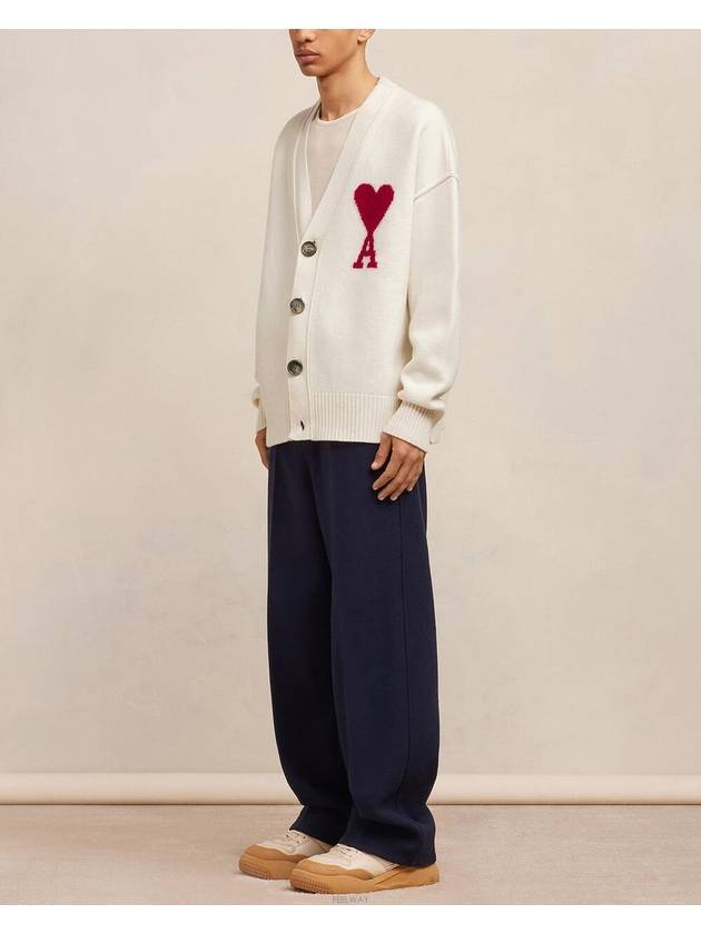 Heart Logo V Neck Wool Cardigan Off White - AMI - BALAAN 4