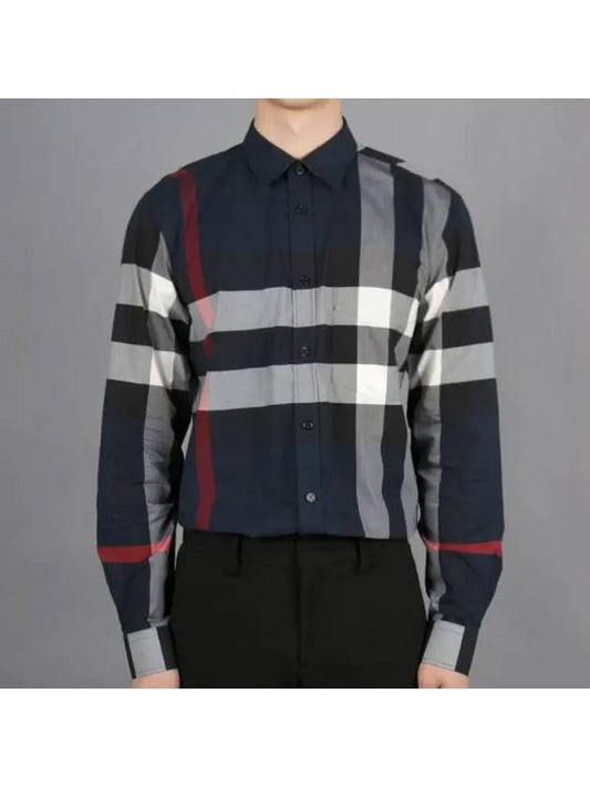 Men's Checked Stretch Cotton Poplin Long Sleeve Shirt Navy - BURBERRY - BALAAN 2