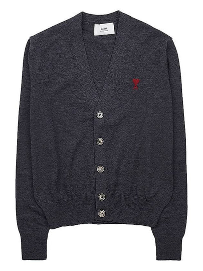 Red Heart Logo Merino Wool Cardigan Heather Grey - AMI - BALAAN 2