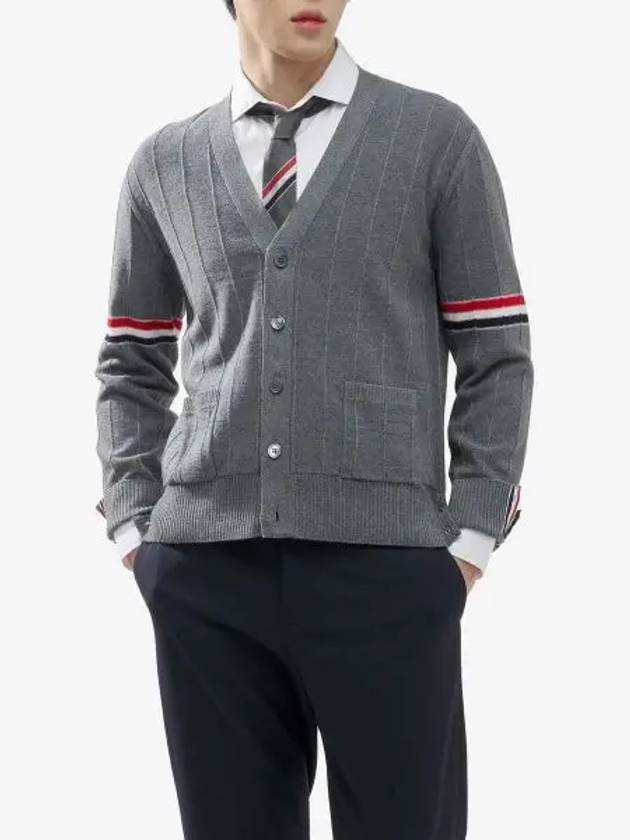 RWB V-neck Striped Virgin Wool Cardigan Grey - THOM BROWNE - BALAAN 2