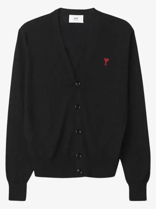 Red Heart Logo Merino Wool Cardigan Black - AMI - BALAAN 2