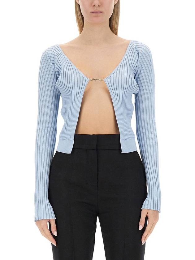 La Maille Pralu Longue Micro Charm Logo Cardigan Light Blue - JACQUEMUS - BALAAN 2