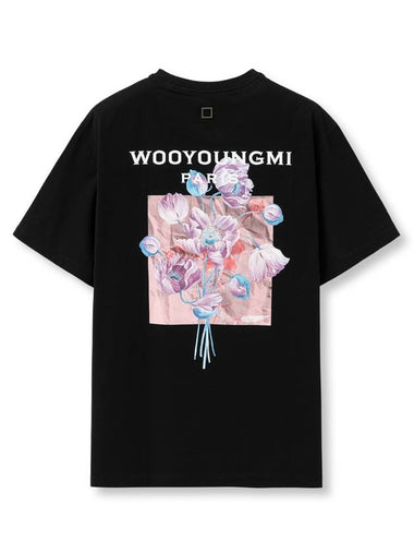 3D Flower Back Logo Round Short Sleeve T-Shirt Black - WOOYOUNGMI - BALAAN 1