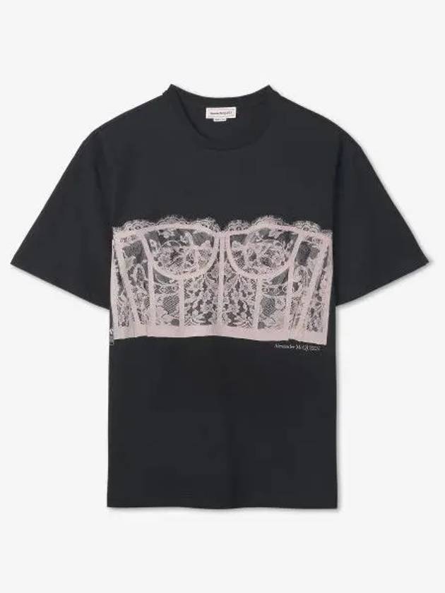 Lace Corset Print Short Sleeves T-Shirt Black - ALEXANDER MCQUEEN - BALAAN 2