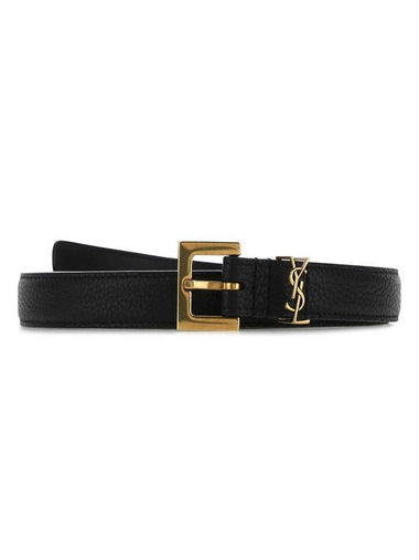 Cassandre Grained Leather Square Buckle Thin Belt Black - SAINT LAURENT - BALAAN 1