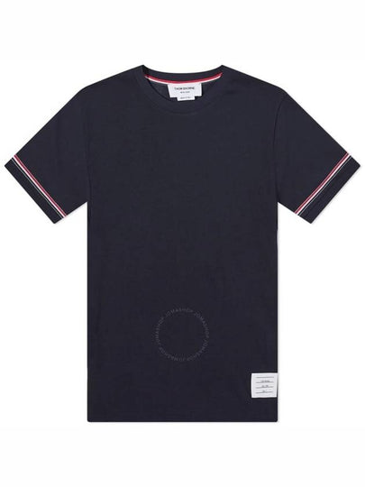 Striped Detail Crew Neck Cotton Short Sleeve T-Shirt Navy - THOM BROWNE - BALAAN 2