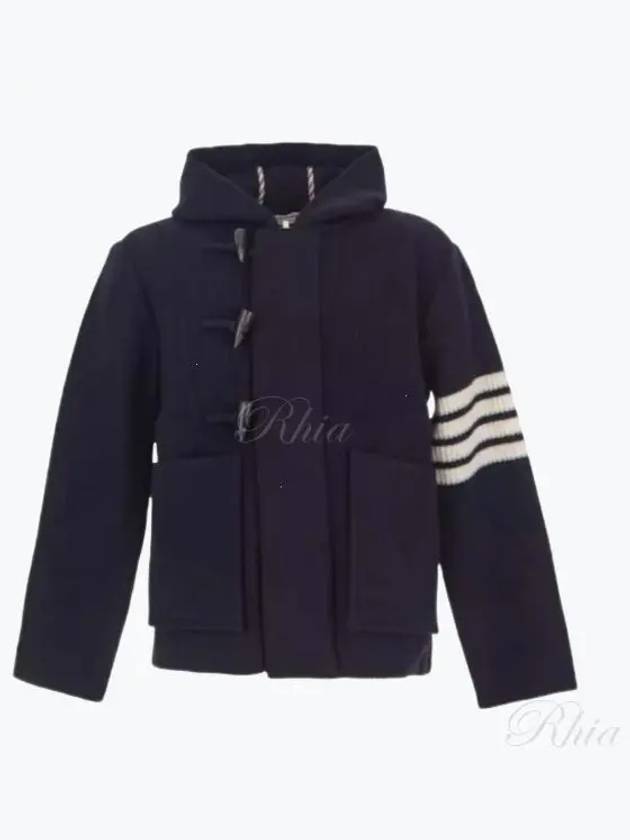 Boiled Wool Half Cardigan Stitched Hooded 4 Bar Double Jacket Navy - THOM BROWNE - BALAAN 2