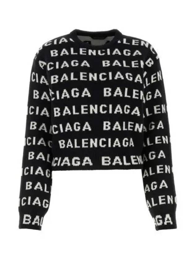 Intarsia All-Over Logo Crew Neck Knit Top Black - BALENCIAGA - BALAAN 2