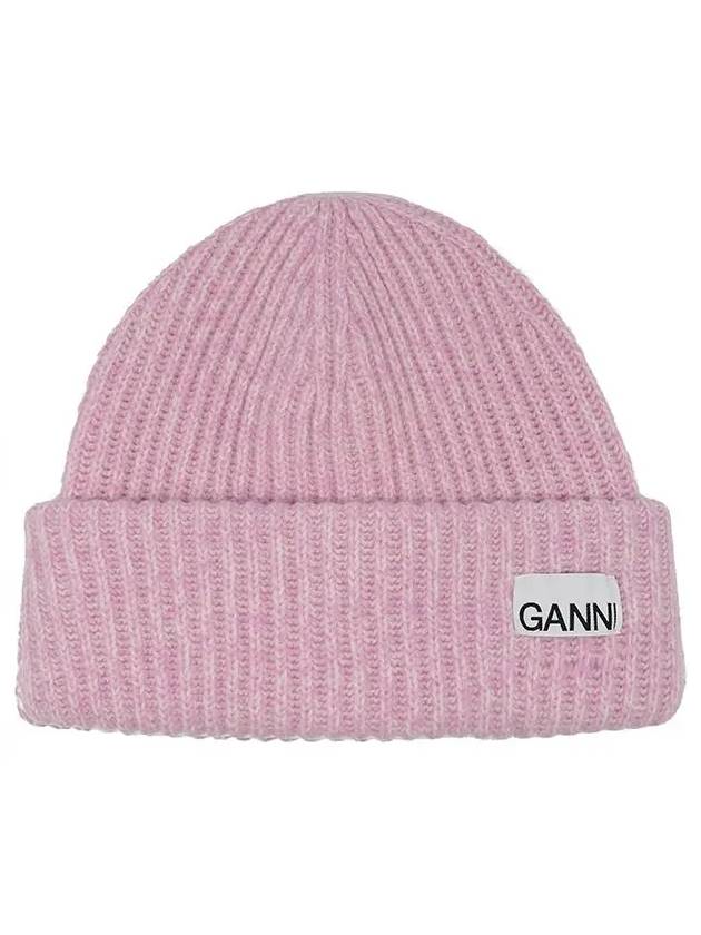 Logo Patch Knit Beanie Pink - GANNI - BALAAN 3