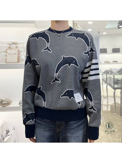 Dolphin Jacquard Icon Crew Neck 4 Bar Sweatshirt Navy - THOM BROWNE - BALAAN 2