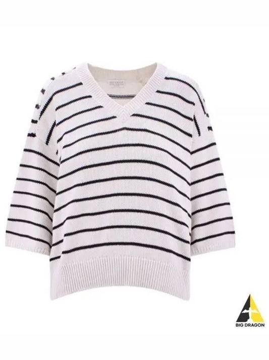 V-Neck Knit Short Sleeve T-Shirt White - BRUNELLO CUCINELLI - BALAAN 2